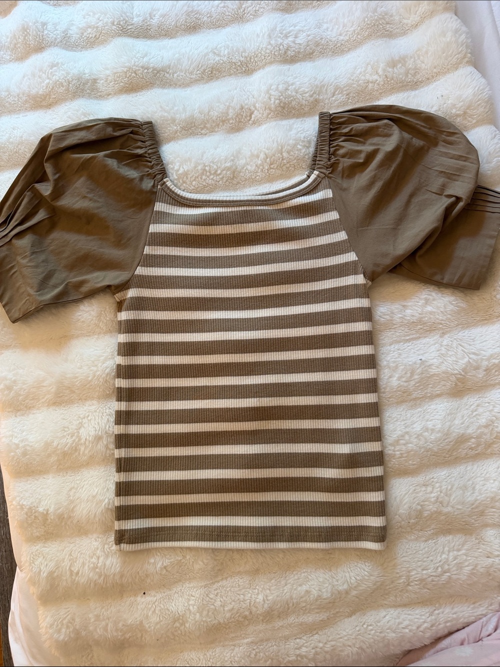 Striped Puff-Sleeve Rib Knit Top in Taupe and Cream